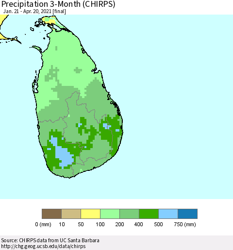 Sri Lanka Precipitation 3-Month (CHIRPS) Thematic Map For 1/21/2021 - 4/20/2021