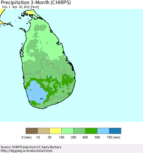 Sri Lanka Precipitation 3-Month (CHIRPS) Thematic Map For 2/1/2021 - 4/30/2021
