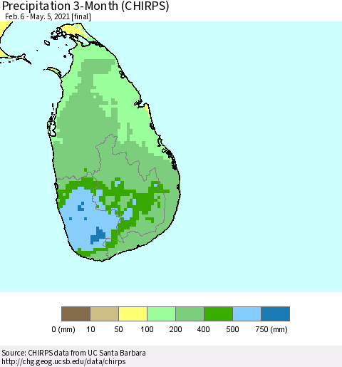 Sri Lanka Precipitation 3-Month (CHIRPS) Thematic Map For 2/6/2021 - 5/5/2021