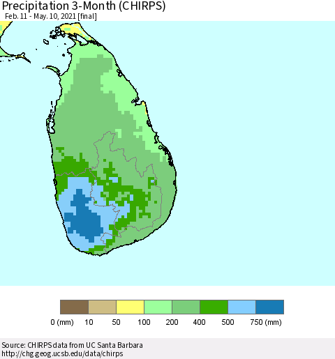 Sri Lanka Precipitation 3-Month (CHIRPS) Thematic Map For 2/11/2021 - 5/10/2021
