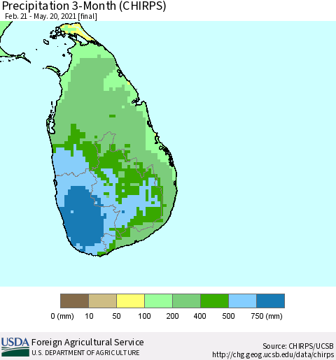 Sri Lanka Precipitation 3-Month (CHIRPS) Thematic Map For 2/21/2021 - 5/20/2021