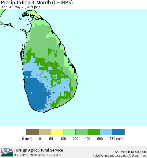 Sri Lanka Precipitation 3-Month (CHIRPS) Thematic Map For 2/26/2021 - 5/25/2021