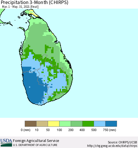 Sri Lanka Precipitation 3-Month (CHIRPS) Thematic Map For 3/1/2021 - 5/31/2021