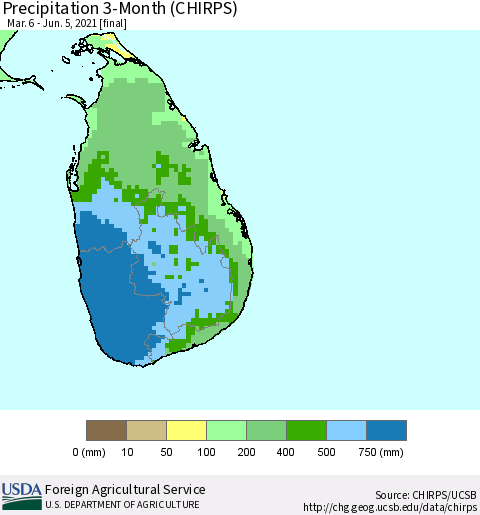 Sri Lanka Precipitation 3-Month (CHIRPS) Thematic Map For 3/6/2021 - 6/5/2021