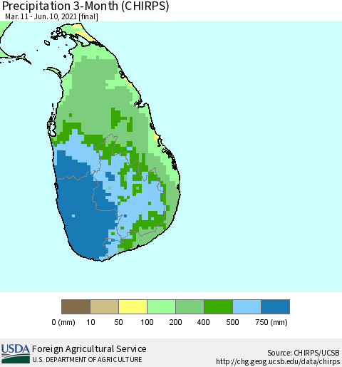 Sri Lanka Precipitation 3-Month (CHIRPS) Thematic Map For 3/11/2021 - 6/10/2021
