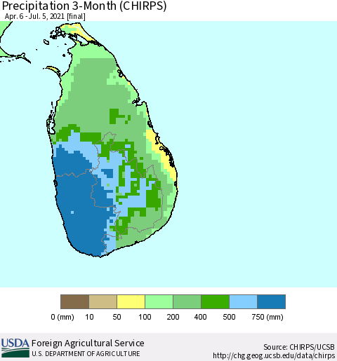 Sri Lanka Precipitation 3-Month (CHIRPS) Thematic Map For 4/6/2021 - 7/5/2021
