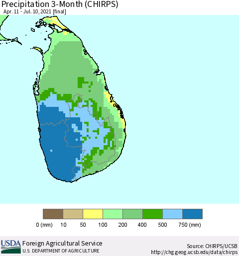 Sri Lanka Precipitation 3-Month (CHIRPS) Thematic Map For 4/11/2021 - 7/10/2021