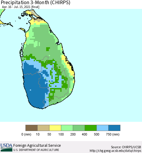 Sri Lanka Precipitation 3-Month (CHIRPS) Thematic Map For 4/16/2021 - 7/15/2021