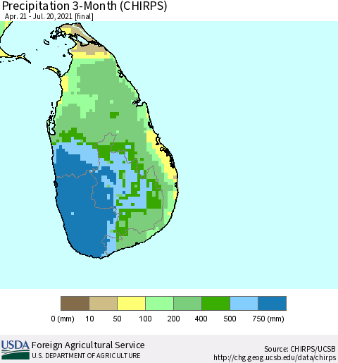 Sri Lanka Precipitation 3-Month (CHIRPS) Thematic Map For 4/21/2021 - 7/20/2021