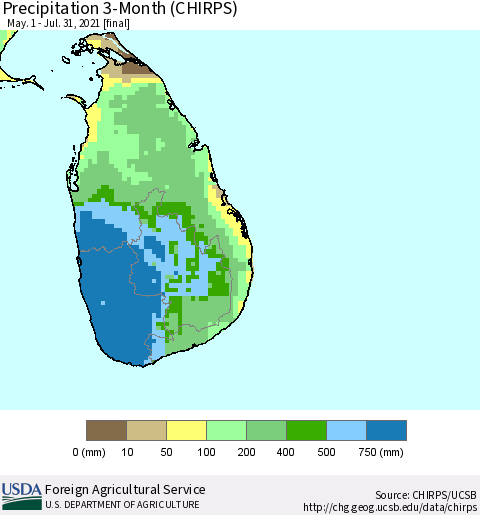 Sri Lanka Precipitation 3-Month (CHIRPS) Thematic Map For 5/1/2021 - 7/31/2021