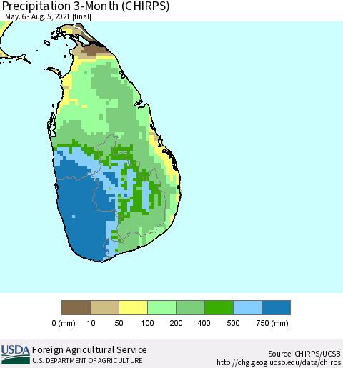 Sri Lanka Precipitation 3-Month (CHIRPS) Thematic Map For 5/6/2021 - 8/5/2021