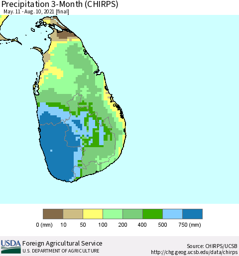 Sri Lanka Precipitation 3-Month (CHIRPS) Thematic Map For 5/11/2021 - 8/10/2021