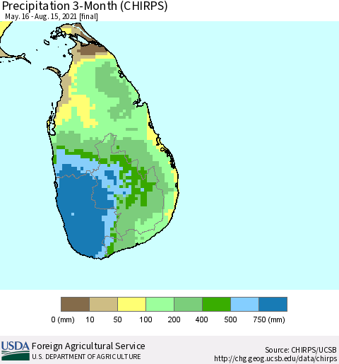 Sri Lanka Precipitation 3-Month (CHIRPS) Thematic Map For 5/16/2021 - 8/15/2021