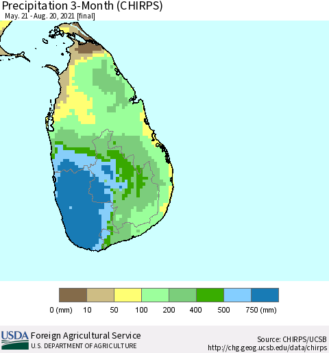 Sri Lanka Precipitation 3-Month (CHIRPS) Thematic Map For 5/21/2021 - 8/20/2021