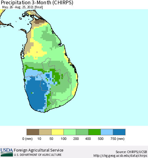 Sri Lanka Precipitation 3-Month (CHIRPS) Thematic Map For 5/26/2021 - 8/25/2021