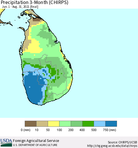 Sri Lanka Precipitation 3-Month (CHIRPS) Thematic Map For 6/1/2021 - 8/31/2021