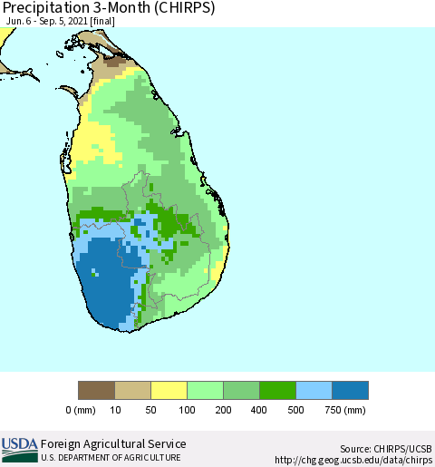 Sri Lanka Precipitation 3-Month (CHIRPS) Thematic Map For 6/6/2021 - 9/5/2021
