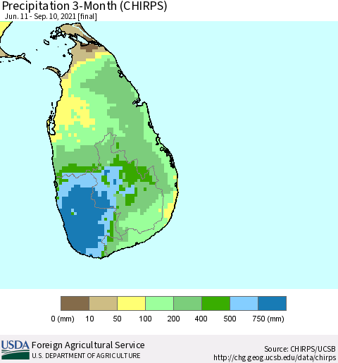 Sri Lanka Precipitation 3-Month (CHIRPS) Thematic Map For 6/11/2021 - 9/10/2021