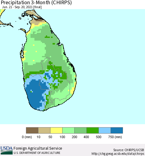 Sri Lanka Precipitation 3-Month (CHIRPS) Thematic Map For 6/21/2021 - 9/20/2021