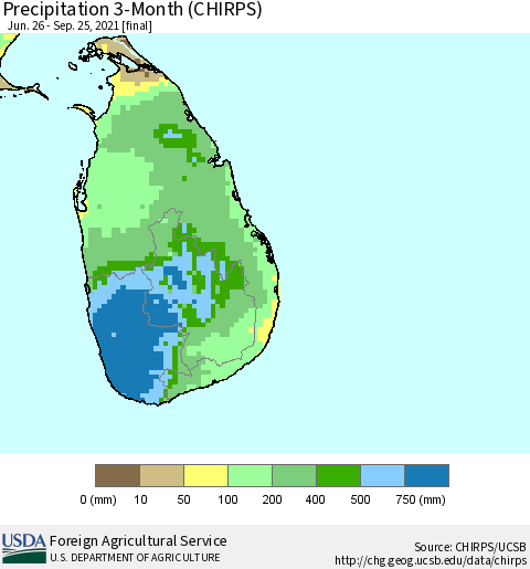 Sri Lanka Precipitation 3-Month (CHIRPS) Thematic Map For 6/26/2021 - 9/25/2021