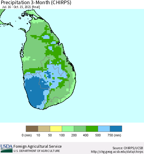 Sri Lanka Precipitation 3-Month (CHIRPS) Thematic Map For 7/16/2021 - 10/15/2021