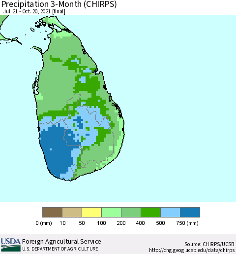 Sri Lanka Precipitation 3-Month (CHIRPS) Thematic Map For 7/21/2021 - 10/20/2021
