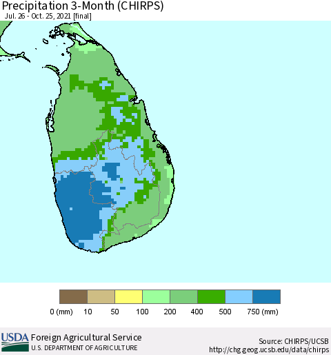 Sri Lanka Precipitation 3-Month (CHIRPS) Thematic Map For 7/26/2021 - 10/25/2021