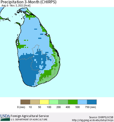 Sri Lanka Precipitation 3-Month (CHIRPS) Thematic Map For 8/6/2021 - 11/5/2021