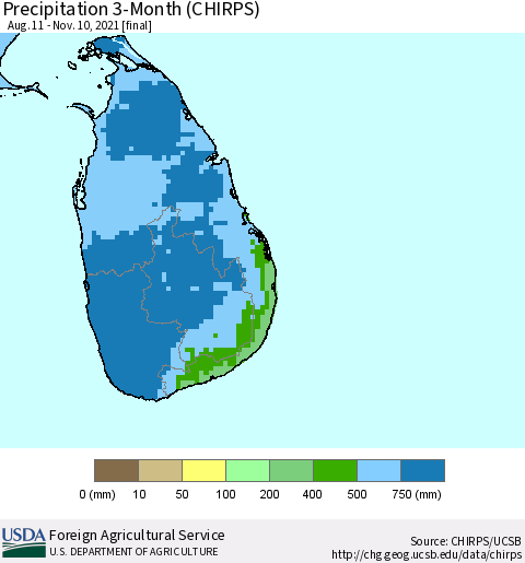 Sri Lanka Precipitation 3-Month (CHIRPS) Thematic Map For 8/11/2021 - 11/10/2021