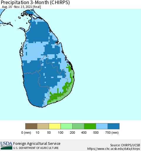 Sri Lanka Precipitation 3-Month (CHIRPS) Thematic Map For 8/16/2021 - 11/15/2021