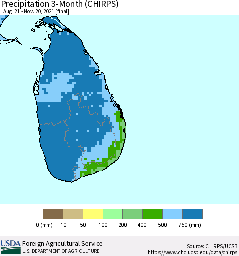 Sri Lanka Precipitation 3-Month (CHIRPS) Thematic Map For 8/21/2021 - 11/20/2021