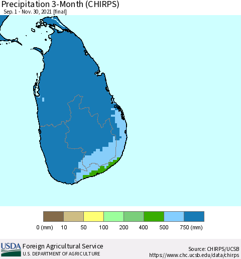 Sri Lanka Precipitation 3-Month (CHIRPS) Thematic Map For 9/1/2021 - 11/30/2021