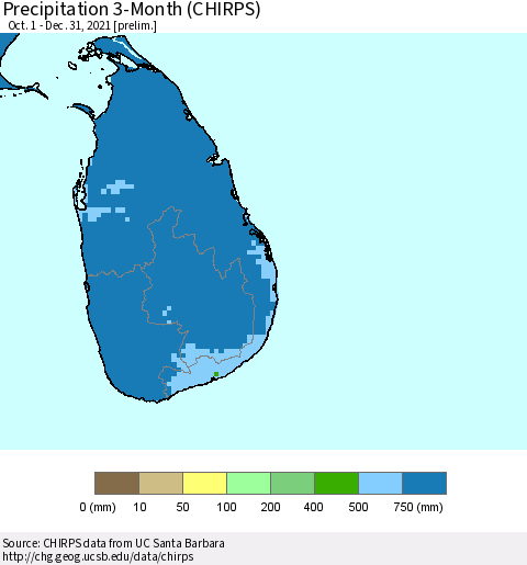 Sri Lanka Precipitation 3-Month (CHIRPS) Thematic Map For 10/1/2021 - 12/31/2021