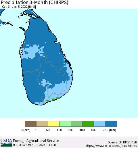 Sri Lanka Precipitation 3-Month (CHIRPS) Thematic Map For 10/6/2021 - 1/5/2022