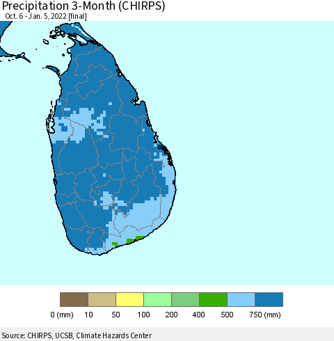 Sri Lanka Precipitation 3-Month (CHIRPS) Thematic Map For 10/6/2021 - 1/5/2022