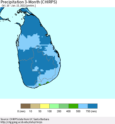 Sri Lanka Precipitation 3-Month (CHIRPS) Thematic Map For 10/16/2021 - 1/15/2022