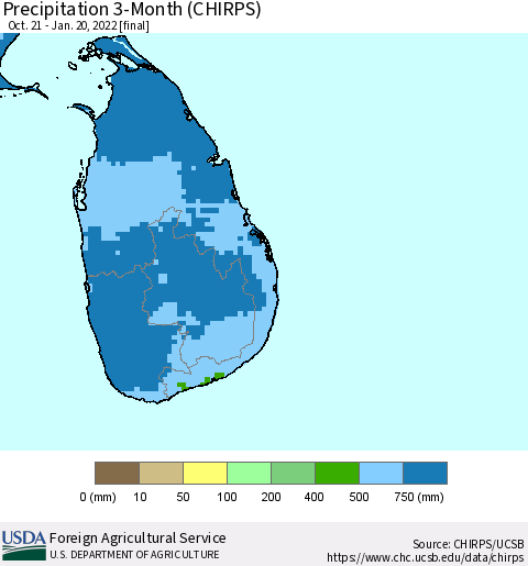 Sri Lanka Precipitation 3-Month (CHIRPS) Thematic Map For 10/21/2021 - 1/20/2022