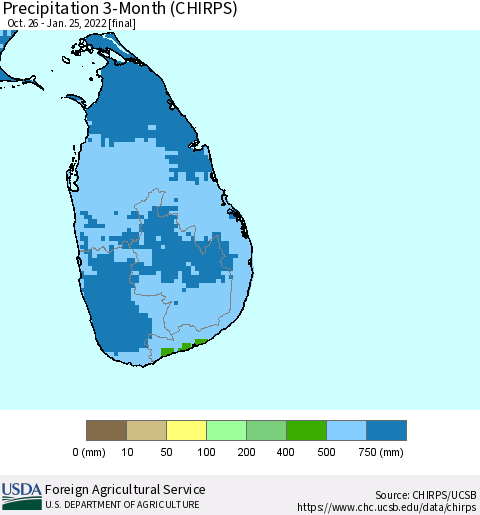 Sri Lanka Precipitation 3-Month (CHIRPS) Thematic Map For 10/26/2021 - 1/25/2022
