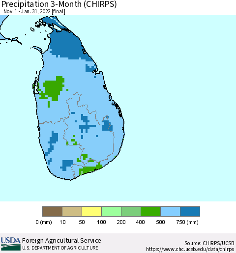 Sri Lanka Precipitation 3-Month (CHIRPS) Thematic Map For 11/1/2021 - 1/31/2022