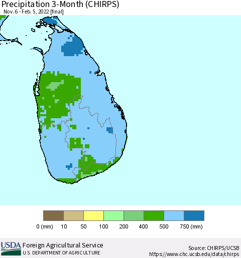 Sri Lanka Precipitation 3-Month (CHIRPS) Thematic Map For 11/6/2021 - 2/5/2022