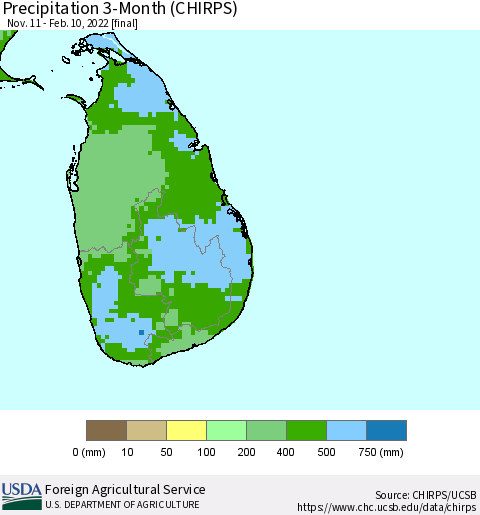 Sri Lanka Precipitation 3-Month (CHIRPS) Thematic Map For 11/11/2021 - 2/10/2022