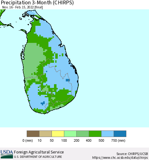 Sri Lanka Precipitation 3-Month (CHIRPS) Thematic Map For 11/16/2021 - 2/15/2022