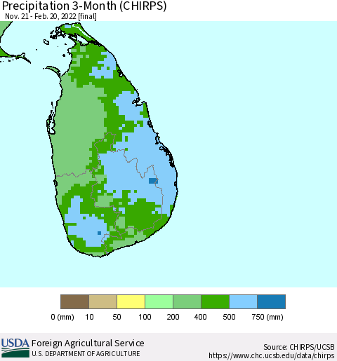 Sri Lanka Precipitation 3-Month (CHIRPS) Thematic Map For 11/21/2021 - 2/20/2022