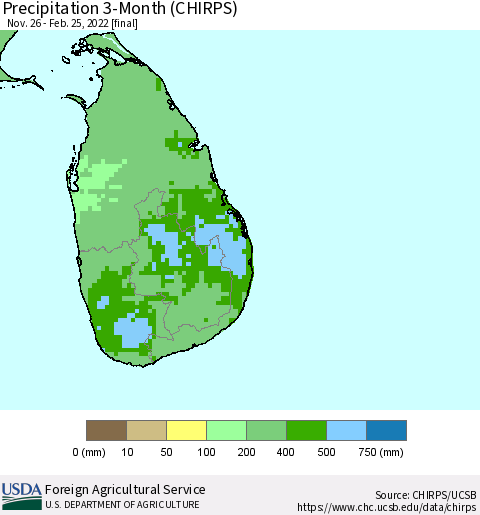 Sri Lanka Precipitation 3-Month (CHIRPS) Thematic Map For 11/26/2021 - 2/25/2022