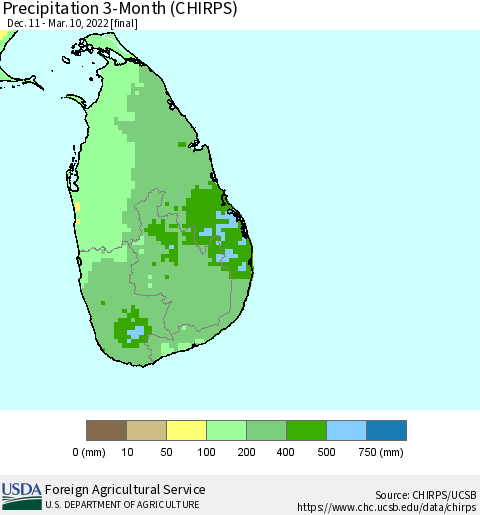 Sri Lanka Precipitation 3-Month (CHIRPS) Thematic Map For 12/11/2021 - 3/10/2022