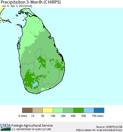Sri Lanka Precipitation 3-Month (CHIRPS) Thematic Map For 1/6/2022 - 4/5/2022