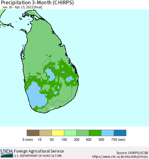 Sri Lanka Precipitation 3-Month (CHIRPS) Thematic Map For 1/16/2022 - 4/15/2022