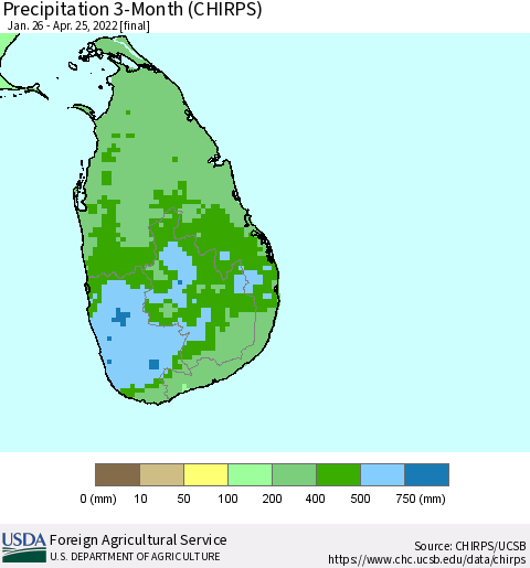 Sri Lanka Precipitation 3-Month (CHIRPS) Thematic Map For 1/26/2022 - 4/25/2022