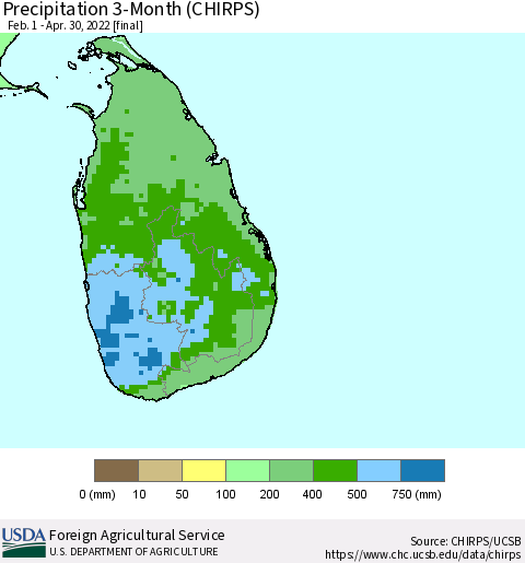 Sri Lanka Precipitation 3-Month (CHIRPS) Thematic Map For 2/1/2022 - 4/30/2022