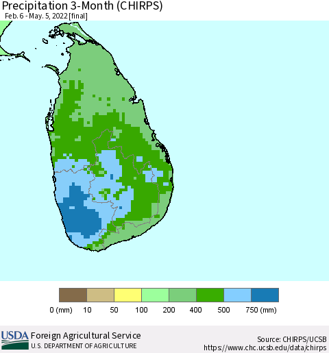 Sri Lanka Precipitation 3-Month (CHIRPS) Thematic Map For 2/6/2022 - 5/5/2022